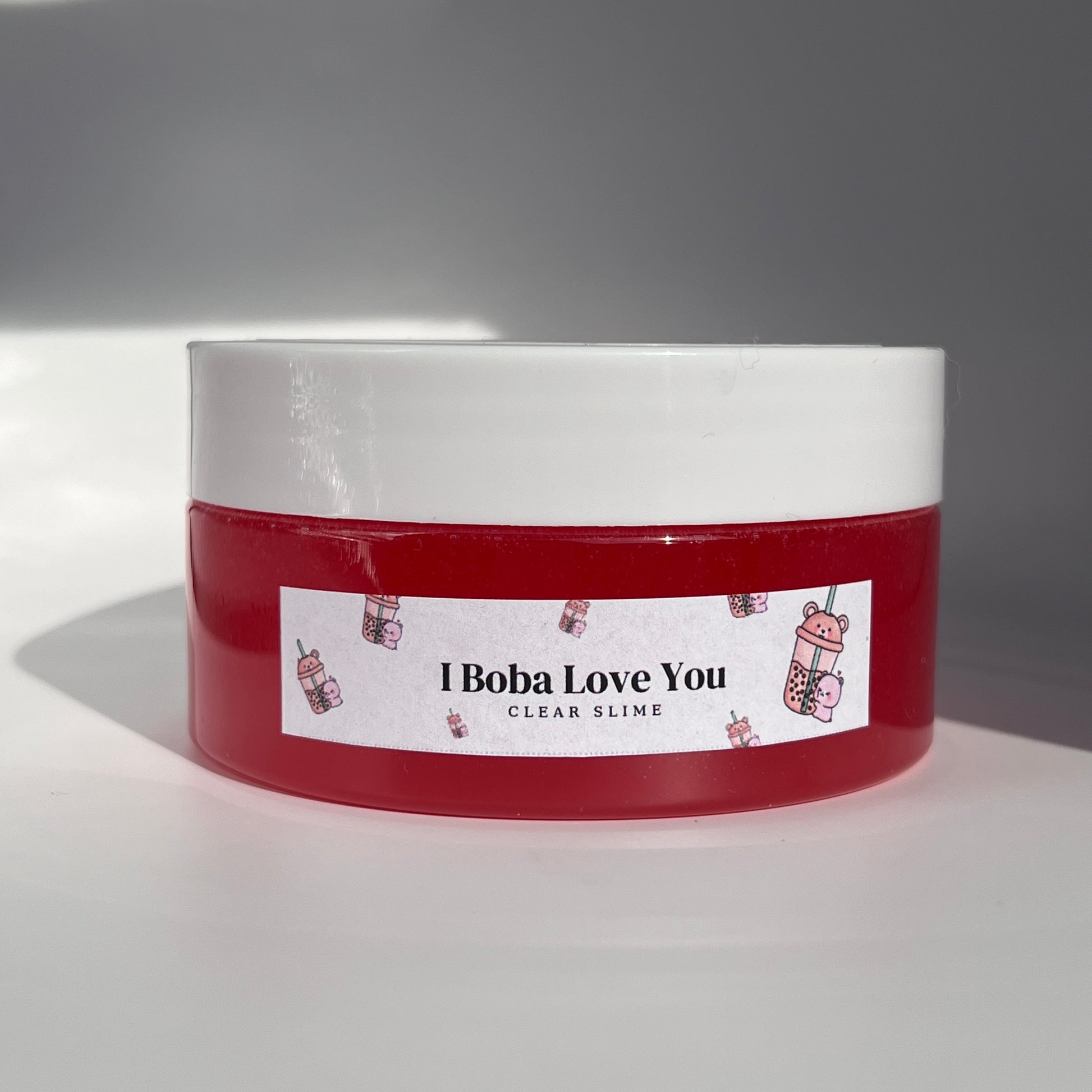 I Boba Love You Slime - Clear red slime base with boba charms, tapioca pearls, and foam cubes for a fun, glossy texture and sensory play experience